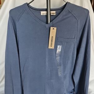 DKNY Light Blue V-Neck Knit Sweater with Chest Pocket